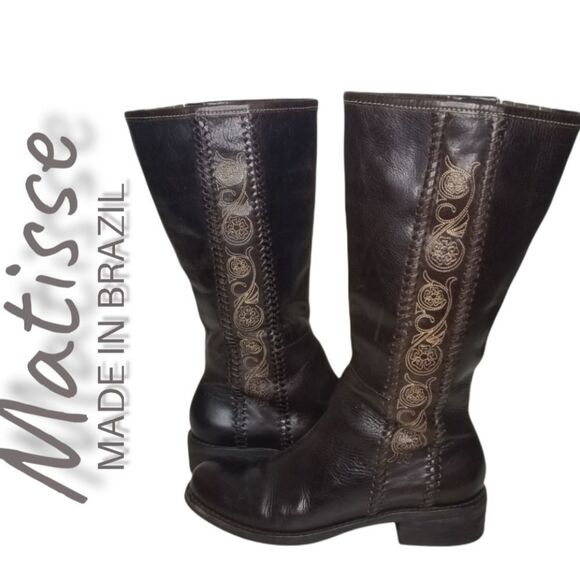 Matisse Brazil Brown Leather Floral Embroidered Boots Size 8M - Picture 1 of 15